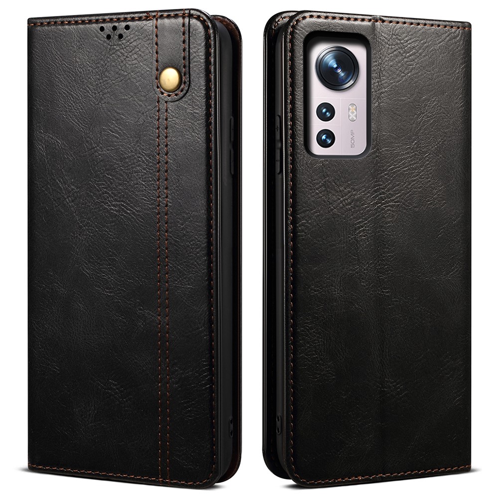 For Xiaomi 12 Pro Waxy Crazy Horse Texture PU Leather Magnetic Flip Cover Wallet Stand Inner Soft TPU Book Case Shell - Black-1