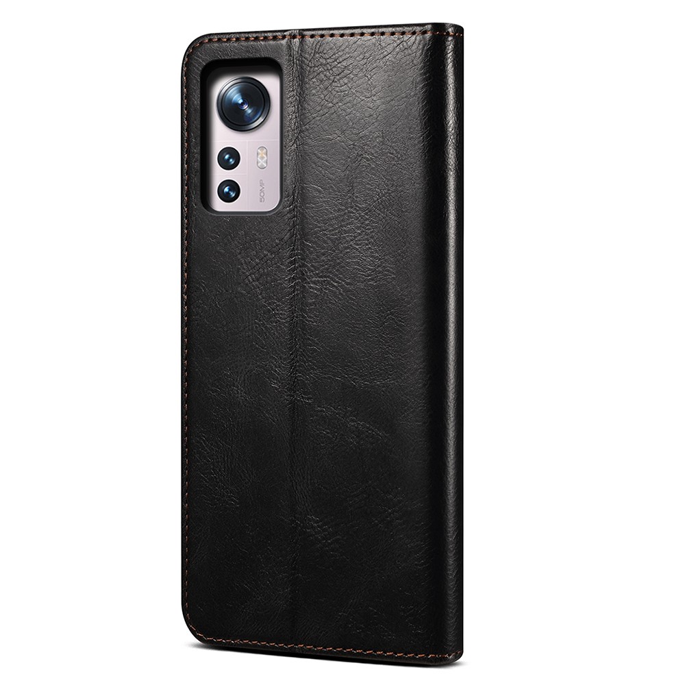 For Xiaomi 12 Pro Waxy Crazy Horse Texture PU Leather Magnetic Flip Cover Wallet Stand Inner Soft TPU Book Case Shell - Black-3