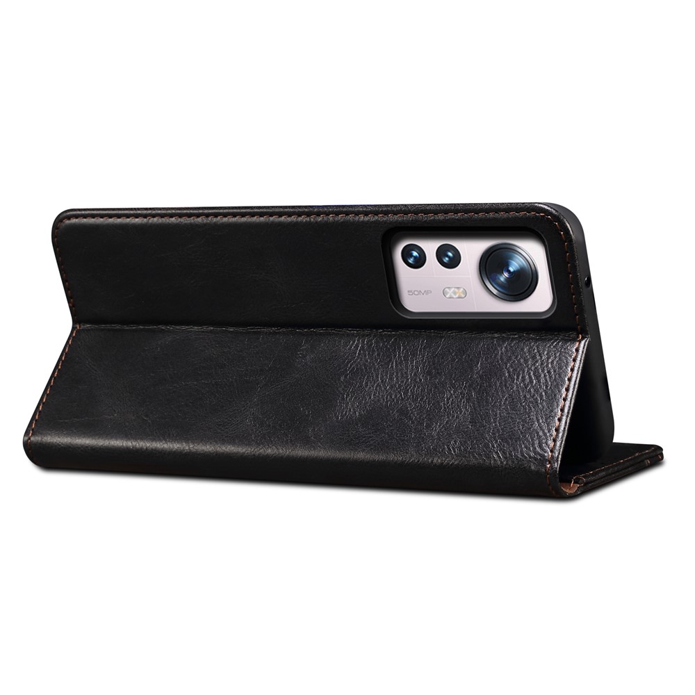 For Xiaomi 12 Pro Waxy Crazy Horse Texture PU Leather Magnetic Flip Cover Wallet Stand Inner Soft TPU Book Case Shell - Black-6