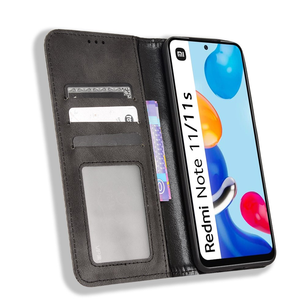 For Xiaomi Redmi Note 11 4G (Qualcomm) / Redmi Note 11S 4G Vintage PU Leather Wallet Phone Case Mosaic Imprinted Magnetic AbsorptionFlip Folio Cover - Black-4