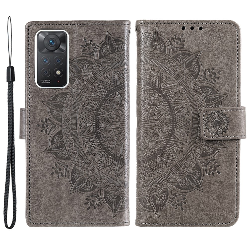 For Xiaomi Redmi Note 11 Pro 4G (MediaTek) / Redmi Note 11 Pro 5G (Qualcomm) PU Leather + Inner TPU Shockproof Cover Stand Imprinted Mandala Flower Flip Wallet Case with Strap - Grey-1