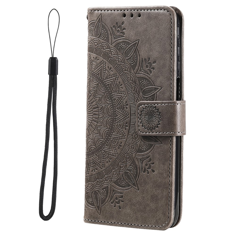 For Xiaomi Redmi Note 11 Pro 4G (MediaTek) / Redmi Note 11 Pro 5G (Qualcomm) PU Leather + Inner TPU Shockproof Cover Stand Imprinted Mandala Flower Flip Wallet Case with Strap - Grey-2