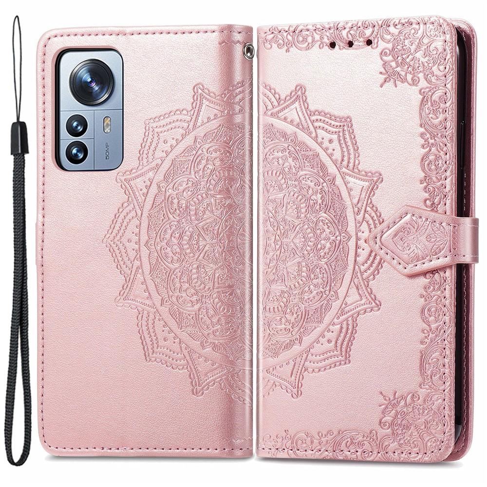 For Xiaomi 12 Pro Mandala Embossing PU Leather Phone Case Stand Wallet Magnetic Closure Cover with Strap - Rose Gold-1