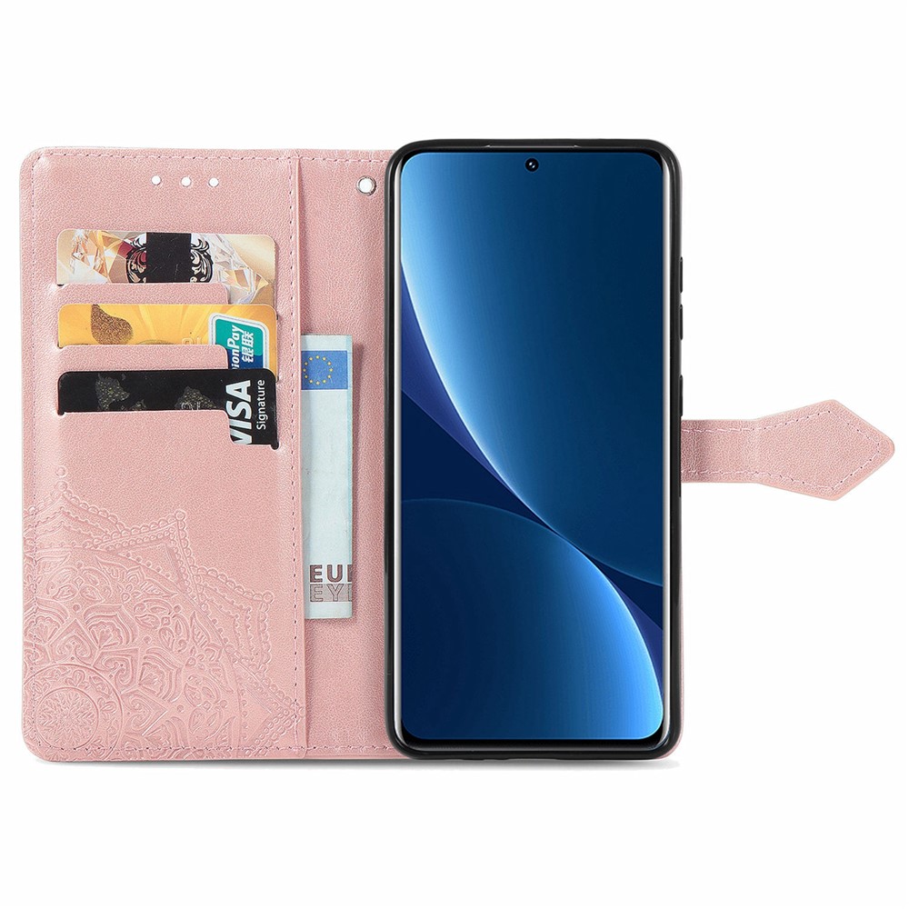 For Xiaomi 12 Pro Mandala Embossing PU Leather Phone Case Stand Wallet Magnetic Closure Cover with Strap - Rose Gold-4