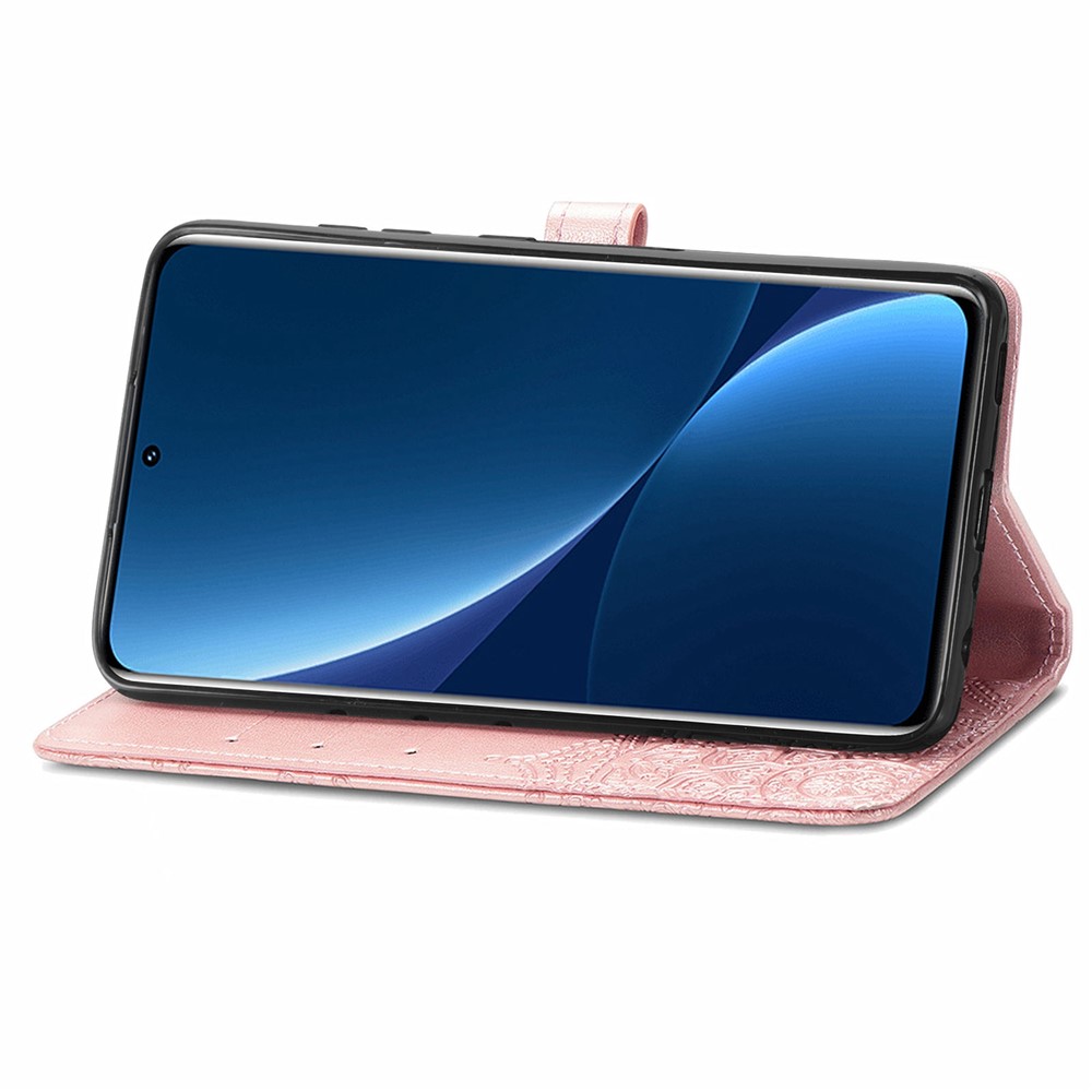 For Xiaomi 12 Pro Mandala Embossing PU Leather Phone Case Stand Wallet Magnetic Closure Cover with Strap - Rose Gold-5