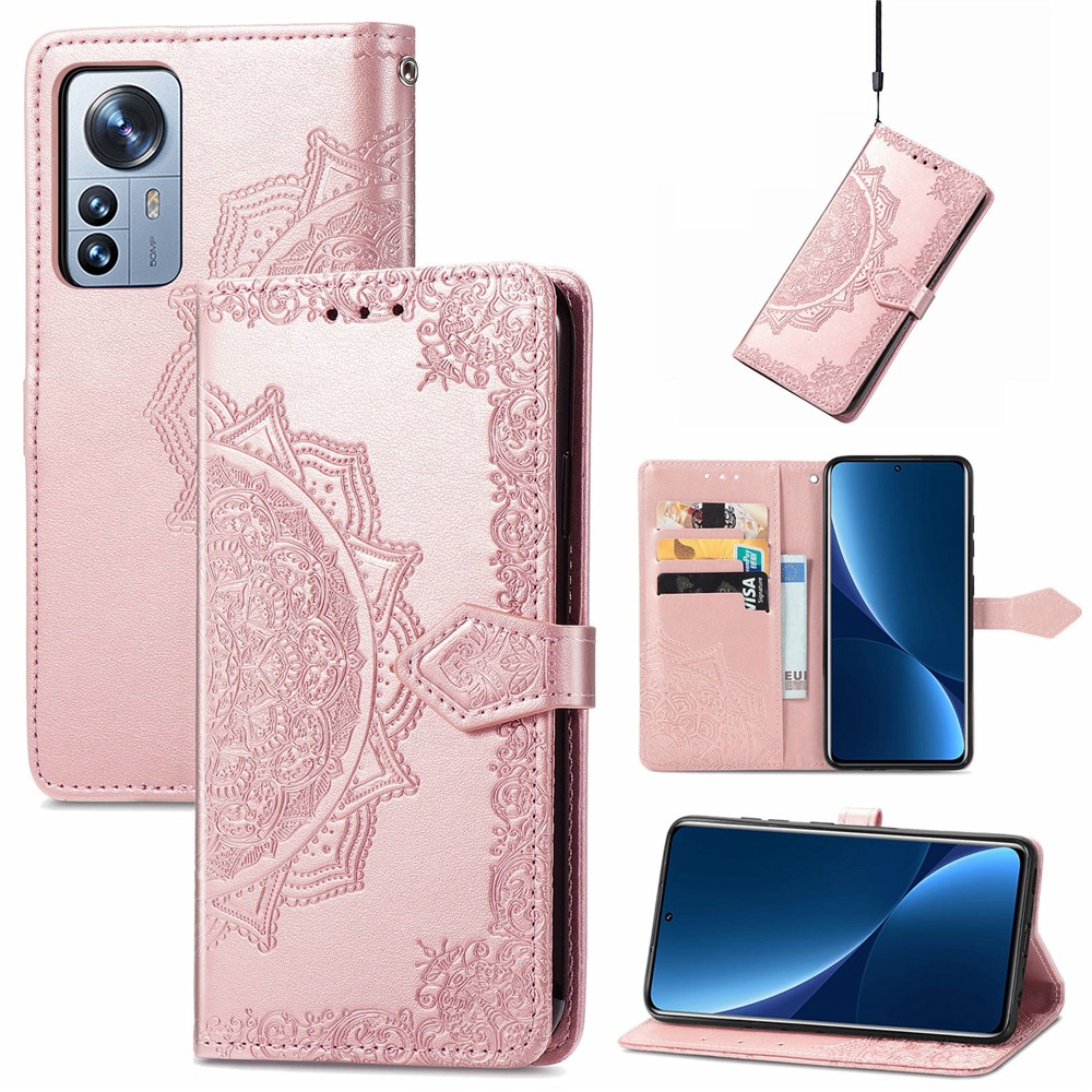 For Xiaomi 12 Pro Mandala Embossing PU Leather Phone Case Stand Wallet Magnetic Closure Cover with Strap - Rose Gold-7