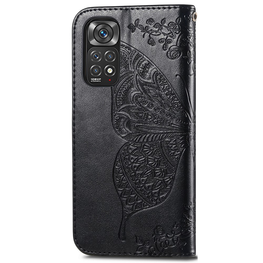 For Xiaomi Redmi Note 11S 4G 2022 (Mediatek Helio G96) Leather Wallet Case Imprinted Butterfly Flower Pattern Flip Book Stand Cell Phone Cover with Strap - Black-3