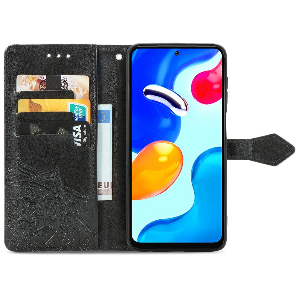 For Xiaomi Redmi Note 11S 4G 2022 (Mediatek Helio G96) Mandala Embossed Phone Case Shockproof Phone Cover Protective Shell with Stand Wallet - Black-4