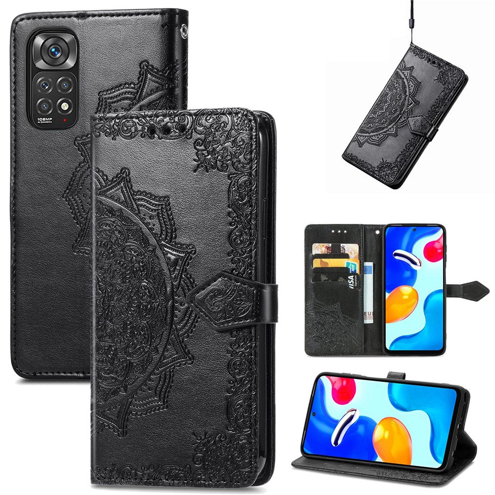 For Xiaomi Redmi Note 11S 4G 2022 (Mediatek Helio G96) Mandala Embossed Phone Case Shockproof Phone Cover Protective Shell with Stand Wallet - Black-8