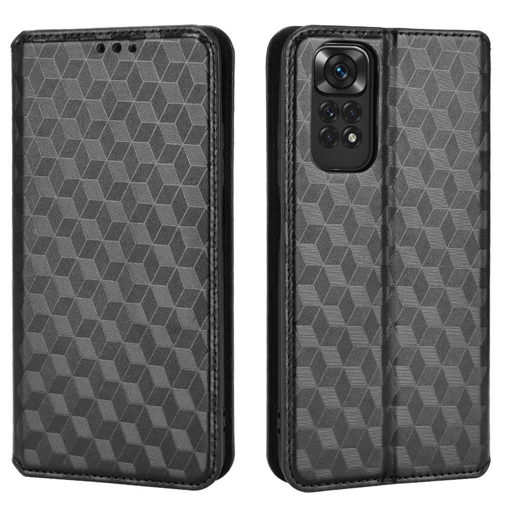 For Xiaomi Redmi Note 11 4G (Qualcomm) / Redmi Note 11S 4G Imprinted Rhombus Pattern Flip Wallet Case Magnetic Adsorption Stand Soft TPU Inner PU Leather Protective Phone Cover - Black-1