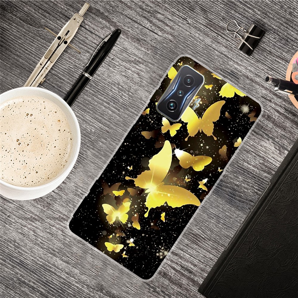 For Xiaomi Poco F4 GT/Redmi K50 Gaming IMD Patterned Soft TPU Phone Cover Case Drop-Protection Accessory - Golden Butterflies-4