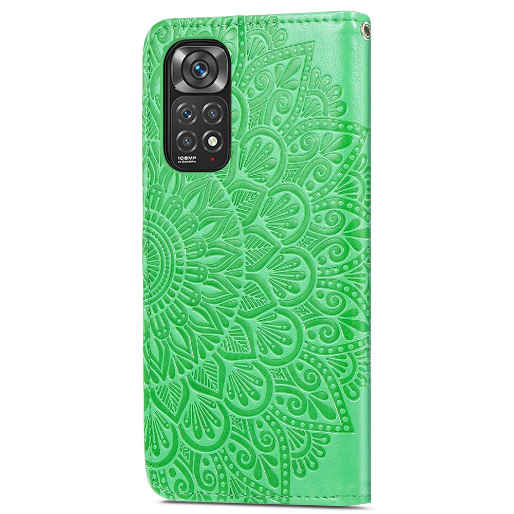 For Xiaomi Redmi Note 11S 4G 2022 (Mediatek Helio G96) Feather Pattern Magnetic Clasp Stand Imprinted Leather Cover Wallet Phone Case - Green-2