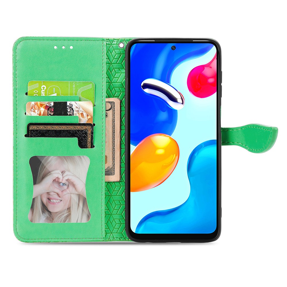 For Xiaomi Redmi Note 11S 4G 2022 (Mediatek Helio G96) Feather Pattern Magnetic Clasp Stand Imprinted Leather Cover Wallet Phone Case - Green-4