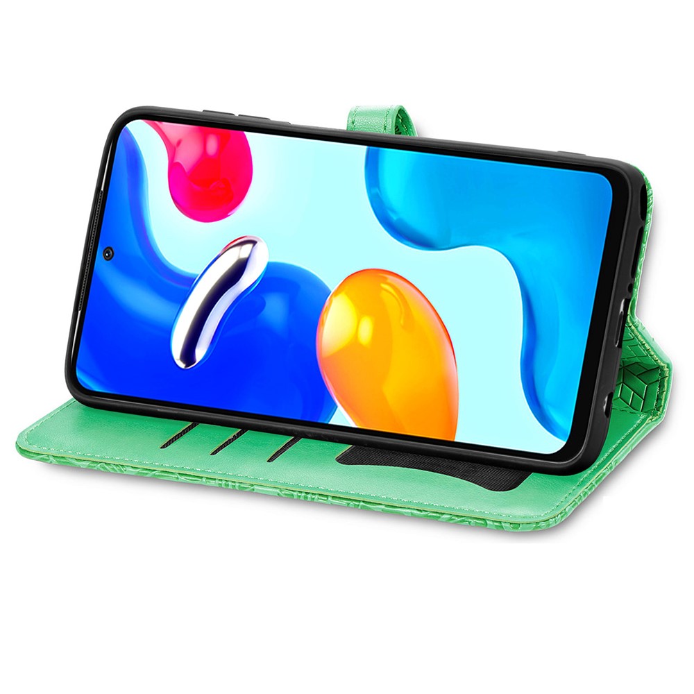 For Xiaomi Redmi Note 11S 4G 2022 (Mediatek Helio G96) Feather Pattern Magnetic Clasp Stand Imprinted Leather Cover Wallet Phone Case - Green-5