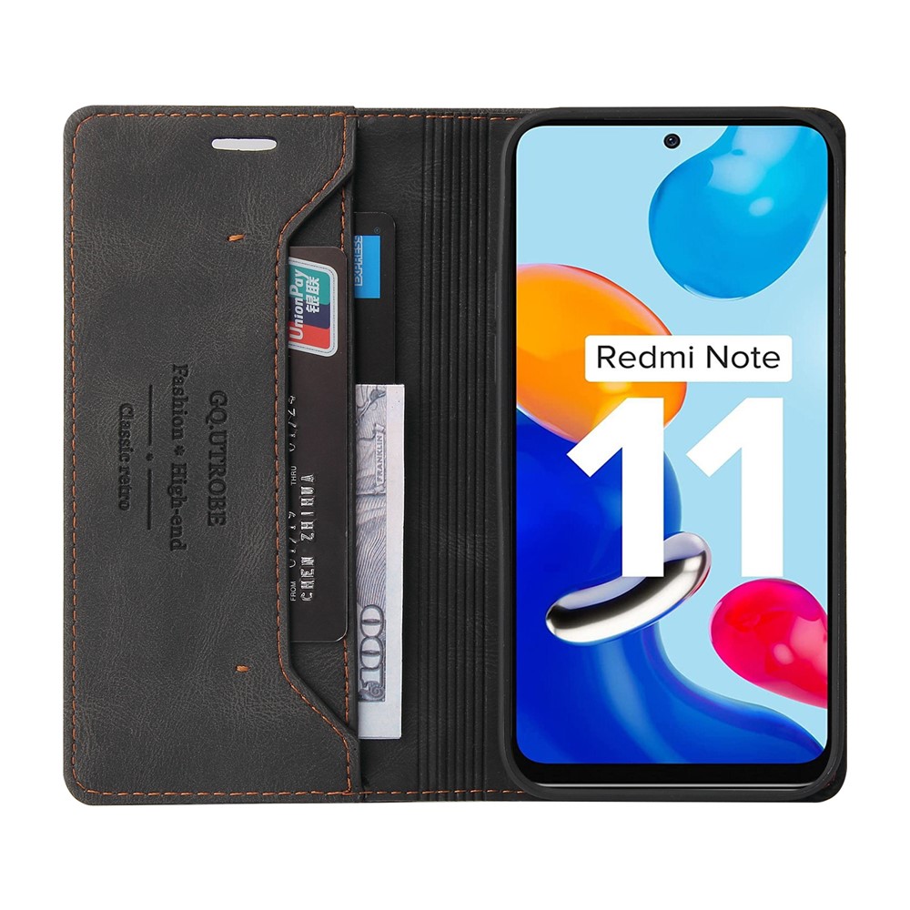 GQ.UTROBE 008 Series Skin-Touch Feeling Leather Case for Xiaomi Redmi Note 11 4G (Qualcomm), RFID Blocking Protection Flip Stand Wallet Phone Cover - Black-6
