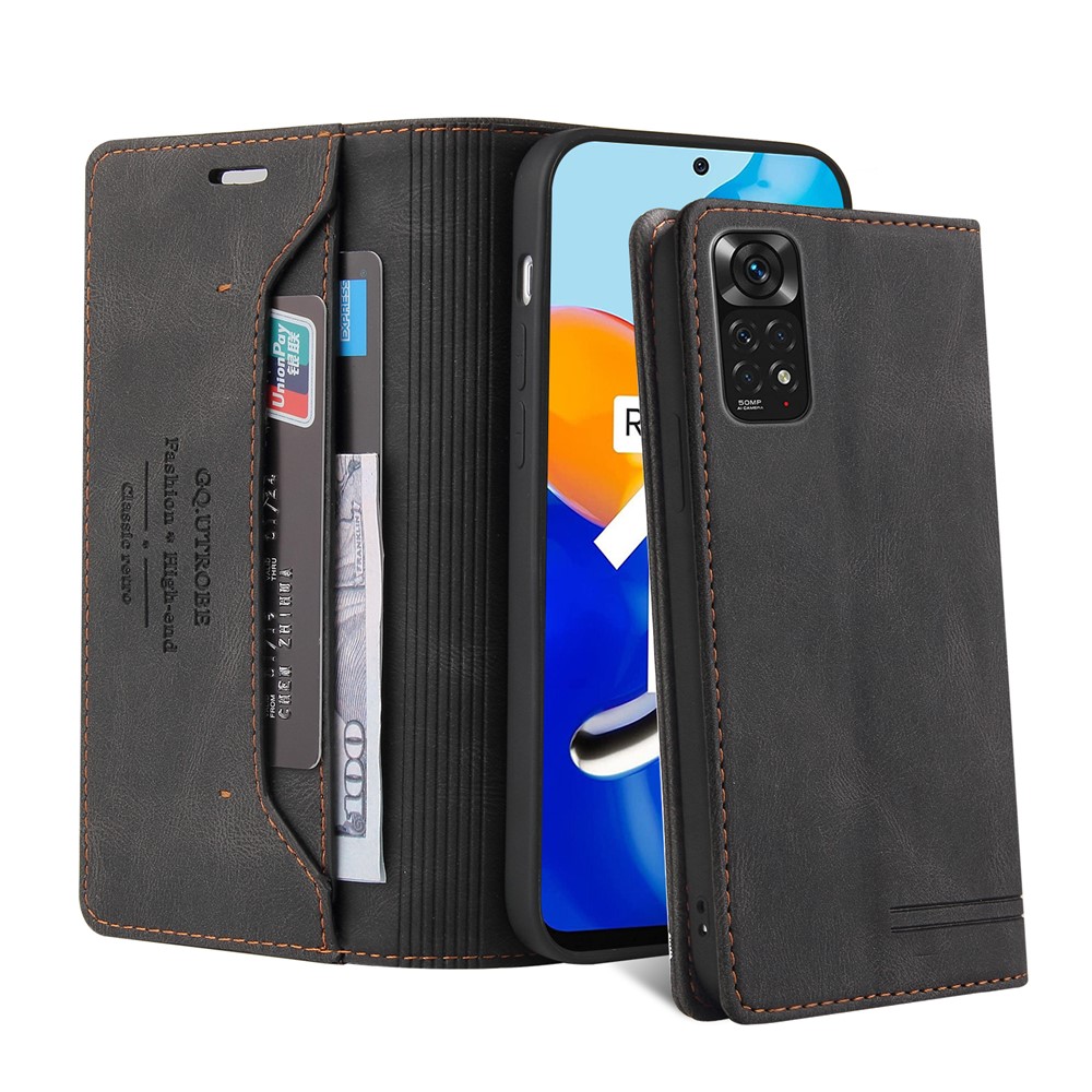 GQ.UTROBE 008 Series Skin-Touch Feeling Leather Case for Xiaomi Redmi Note 11 4G (Qualcomm), RFID Blocking Protection Flip Stand Wallet Phone Cover - Black-7