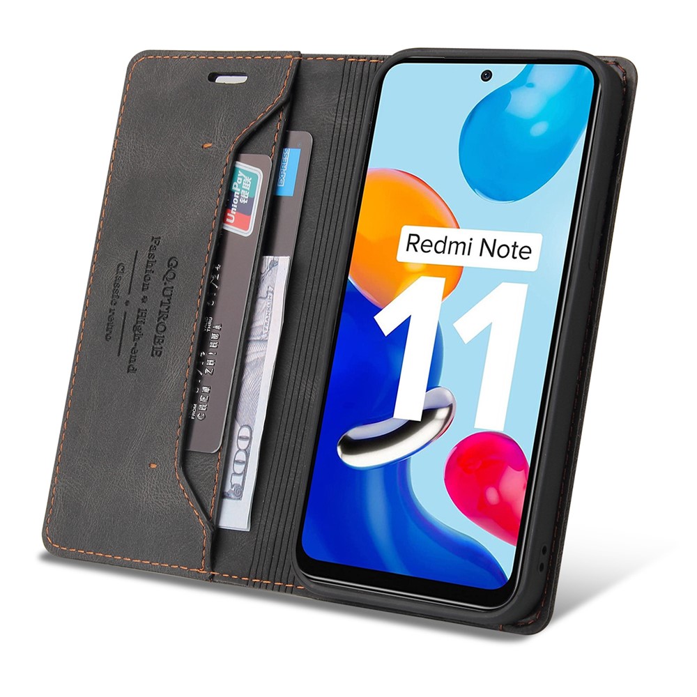GQ.UTROBE 008 Series Skin-Touch Feeling Leather Case for Xiaomi Redmi Note 11 4G (Qualcomm), RFID Blocking Protection Flip Stand Wallet Phone Cover - Black-8