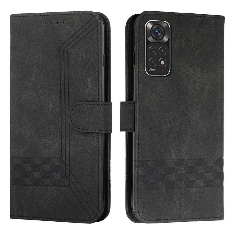 YX0010 Series Flip Case for Xiaomi Redmi Note 11 4G (Qualcomm), Rhombus and Lines Imprinted PU Leather Wallet Stand Folio Cover with Strap - Black-1