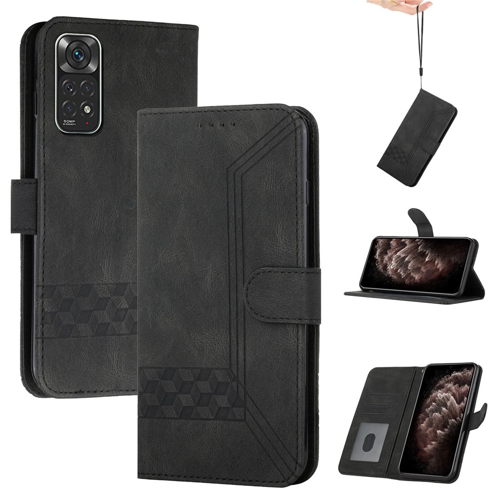 YX0010 Series Flip Case for Xiaomi Redmi Note 11 4G (Qualcomm), Rhombus and Lines Imprinted PU Leather Wallet Stand Folio Cover with Strap - Black-12