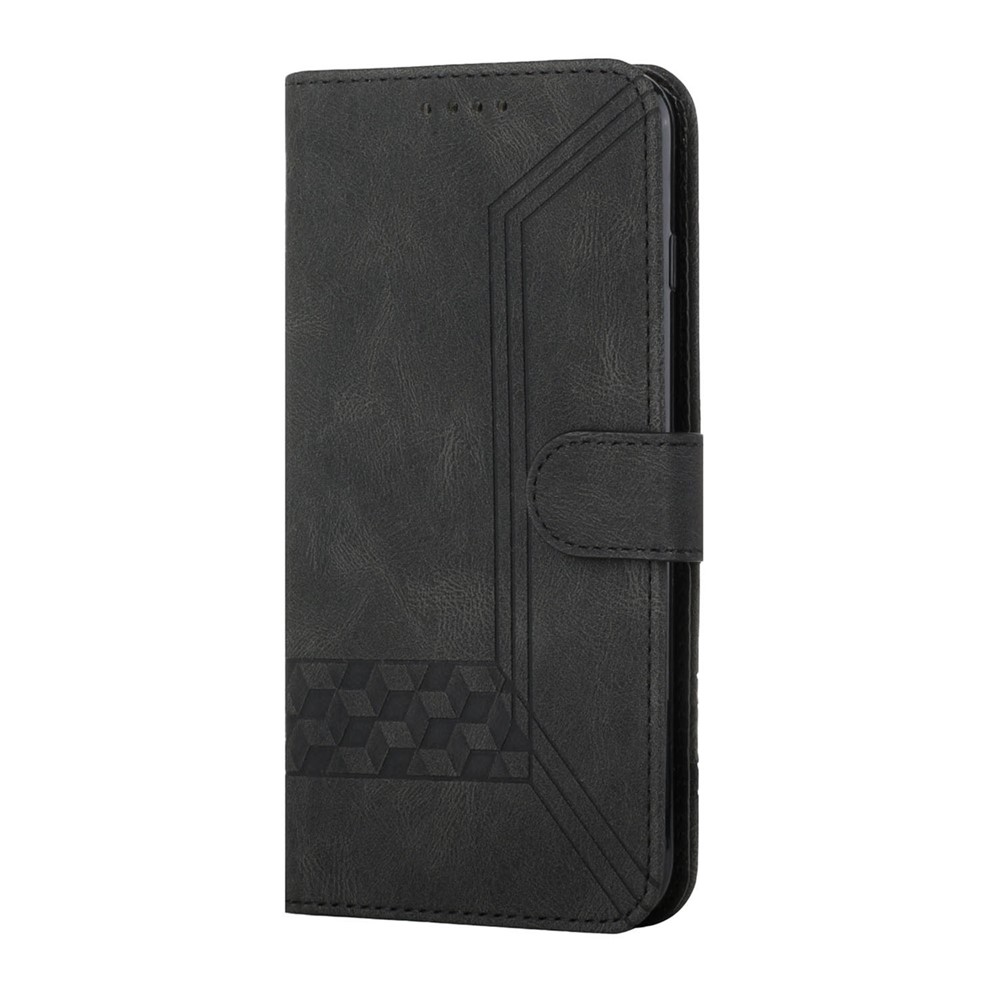 YX0010 Series Flip Case for Xiaomi Redmi Note 11 4G (Qualcomm), Rhombus and Lines Imprinted PU Leather Wallet Stand Folio Cover with Strap - Black-2