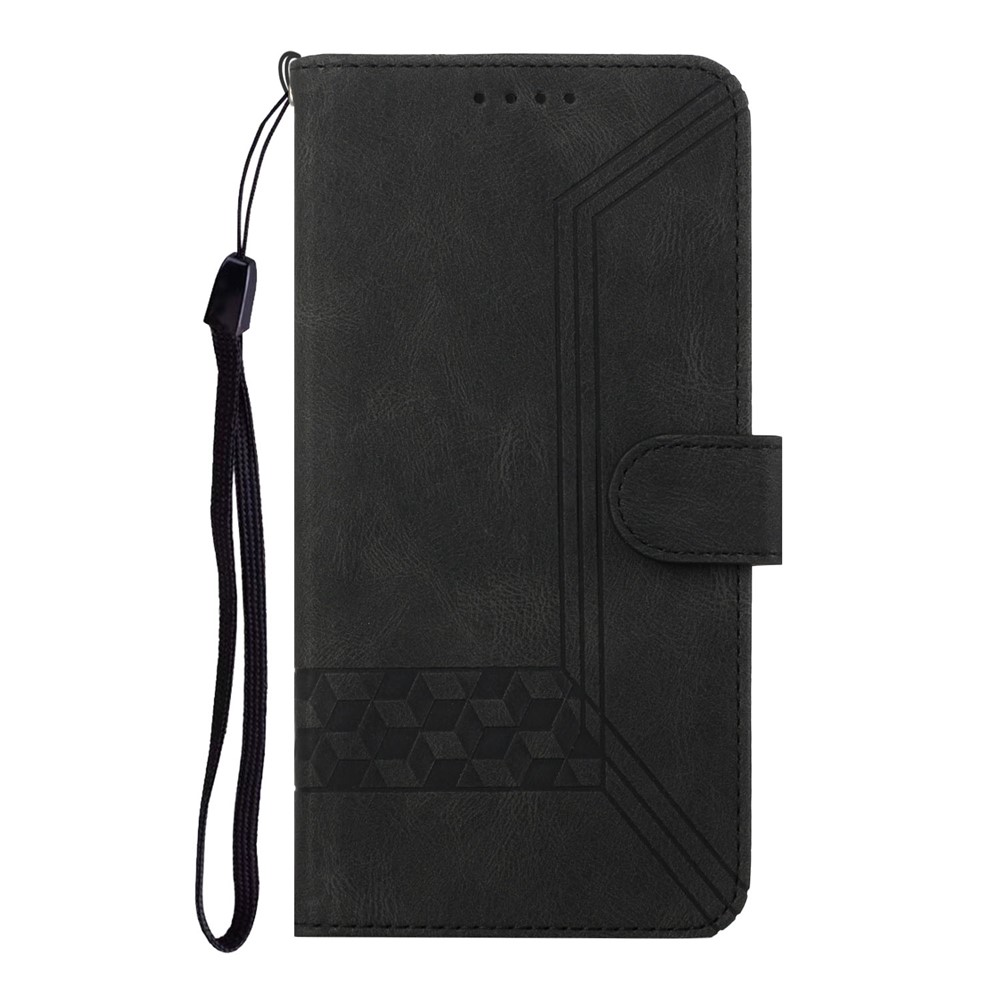 YX0010 Series Flip Case for Xiaomi Redmi Note 11 4G (Qualcomm), Rhombus and Lines Imprinted PU Leather Wallet Stand Folio Cover with Strap - Black-4