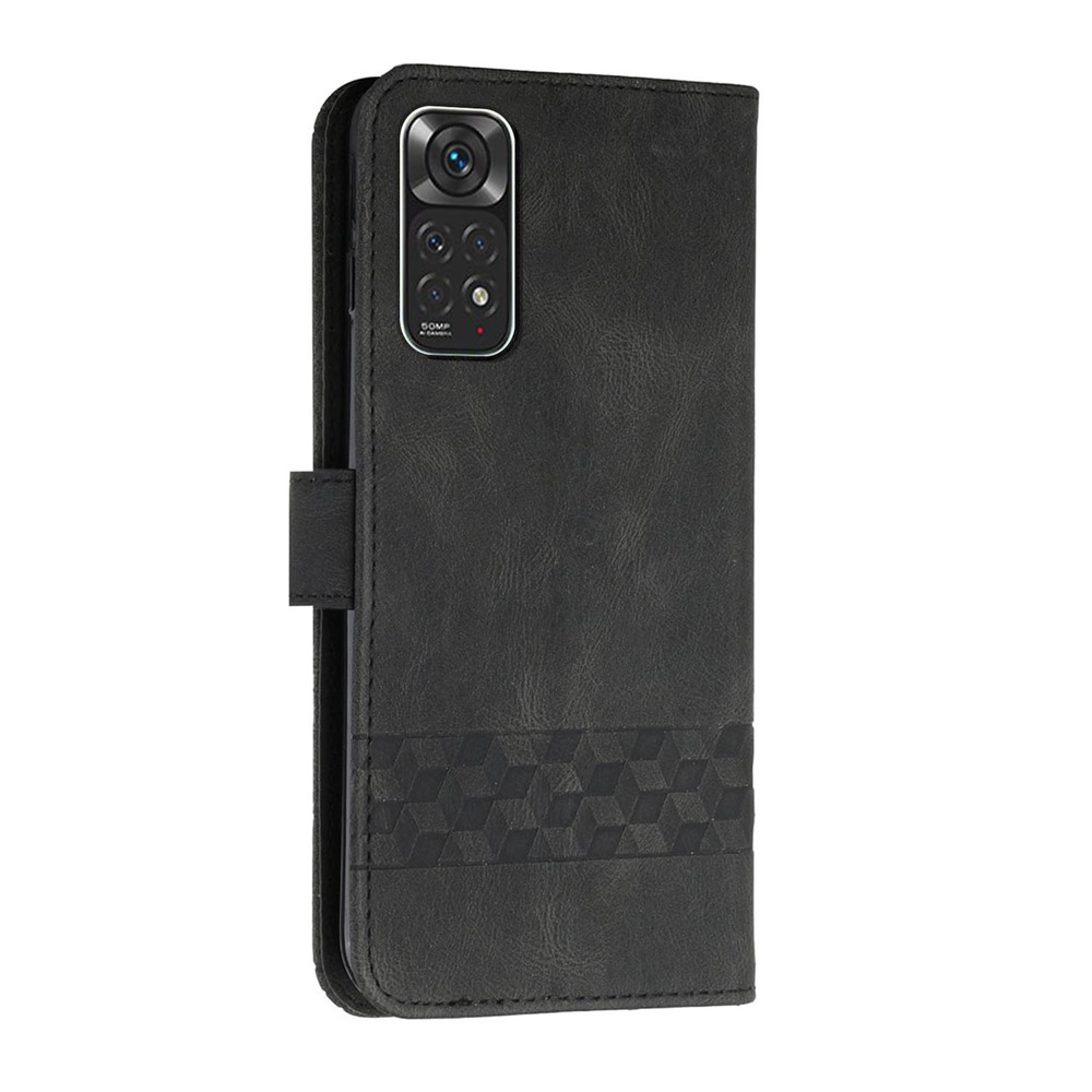 YX0010 Series Flip Case for Xiaomi Redmi Note 11 4G (Qualcomm), Rhombus and Lines Imprinted PU Leather Wallet Stand Folio Cover with Strap - Black-5