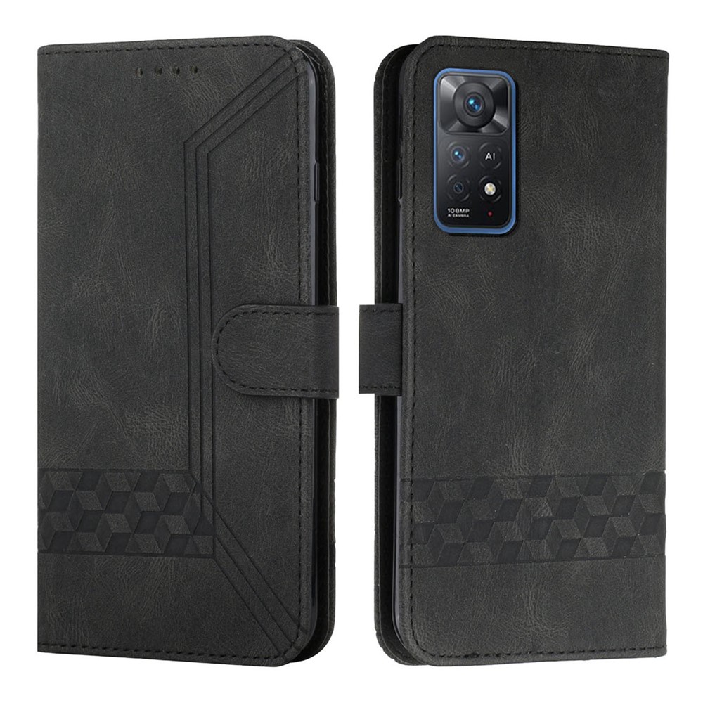 YX0010 Series Flip Wallet Case for Xiaomi Redmi Note 11 Pro 4G (MediaTek) / Redmi Note 11 Pro 5G (Qualcomm), PU Leather Imprinted Rhombus and Lines Viewing Stand Cover with Strap - Black-1