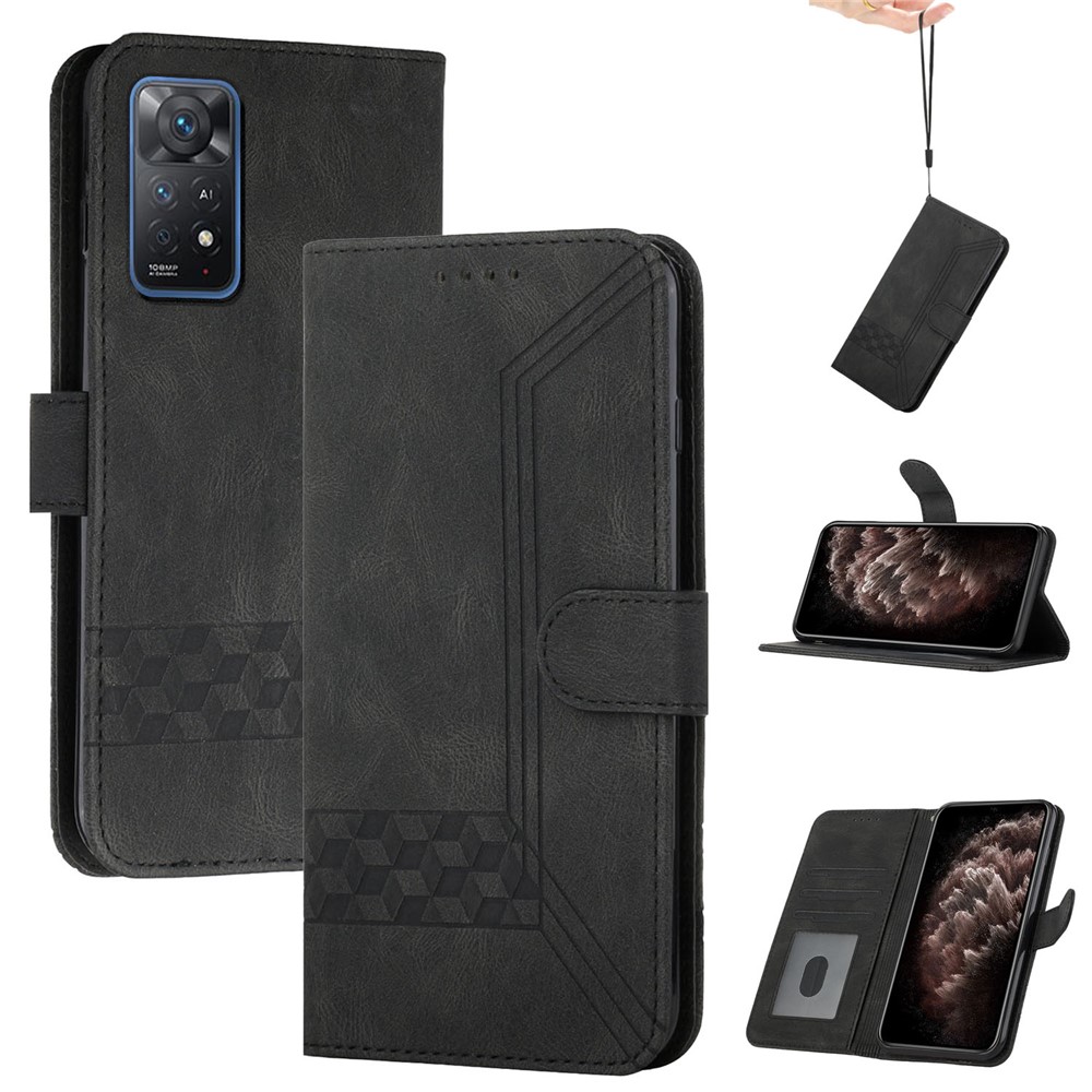 YX0010 Series Flip Wallet Case for Xiaomi Redmi Note 11 Pro 4G (MediaTek) / Redmi Note 11 Pro 5G (Qualcomm), PU Leather Imprinted Rhombus and Lines Viewing Stand Cover with Strap - Black-11