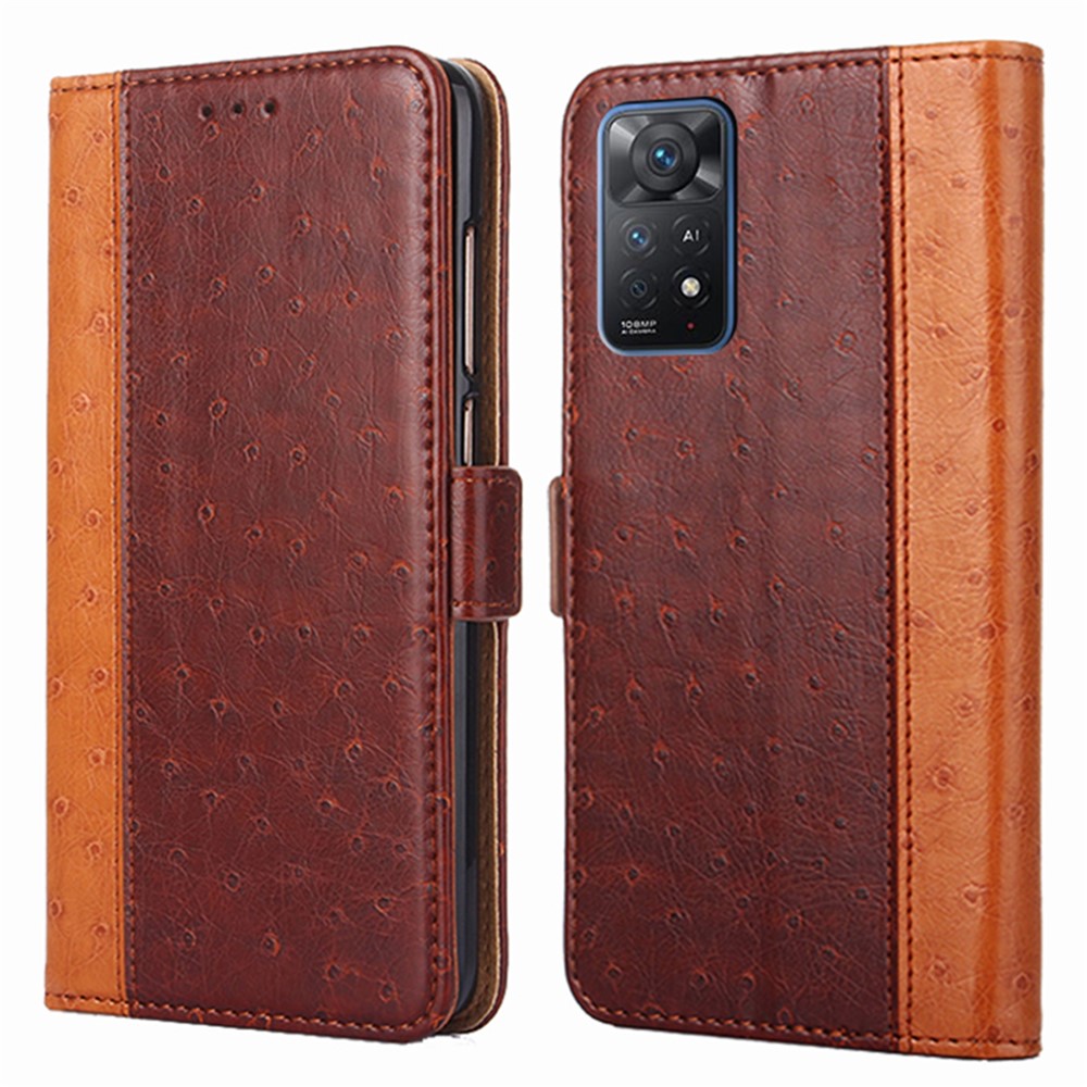 For Xiaomi Redmi Note 11 Pro 4G (MediaTek)/Redmi Note 11 Pro 5G (Qualcomm) Adjustable Stand Ostrich Texture PU Leather Wallet Magnetic Cell Phone Shell Case - Brown-1