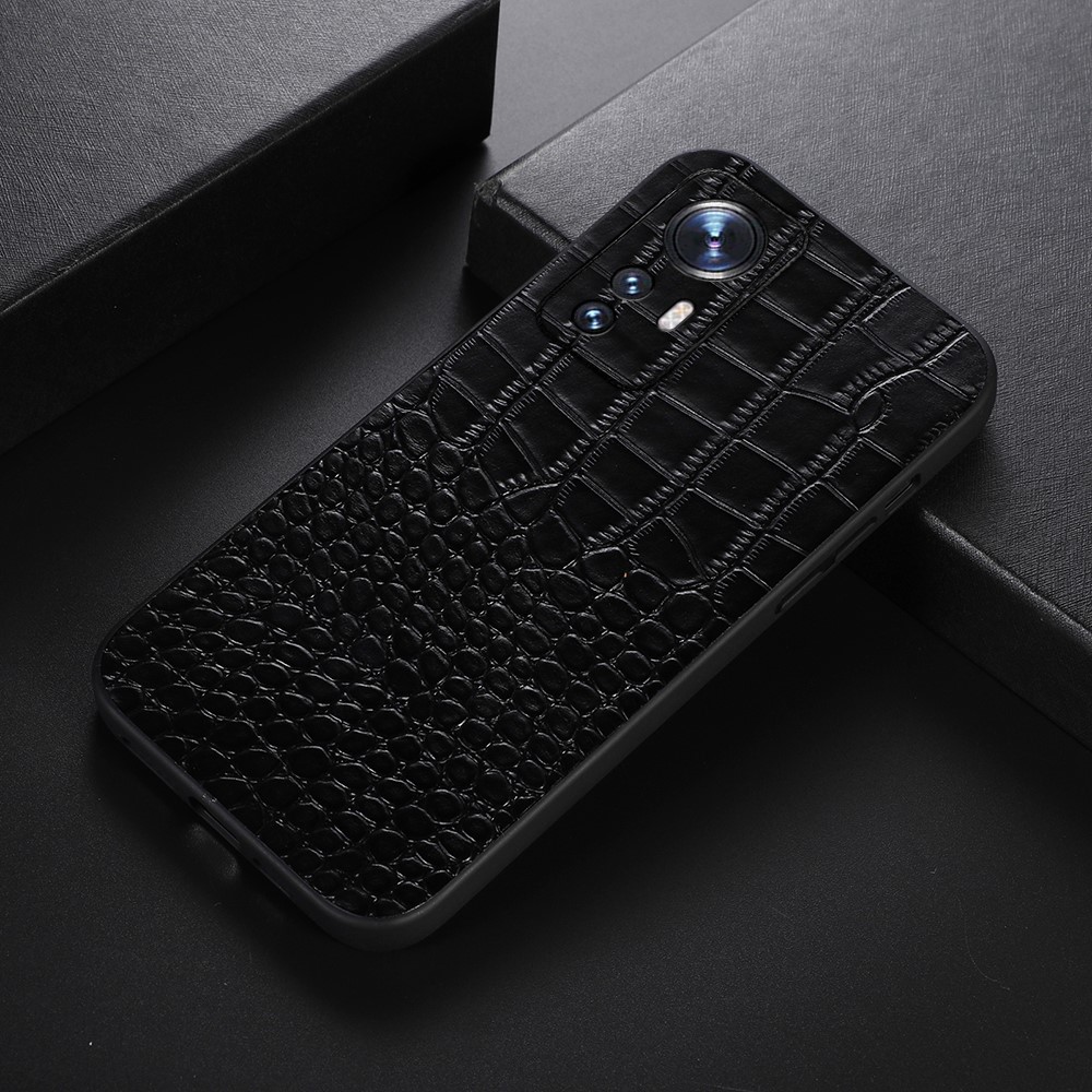 For Xiaomi 12 Pro Genuine Cowhide Leather Coating Case Stylish Crocodile Texture PC + TPU Phone Cover - Black-2
