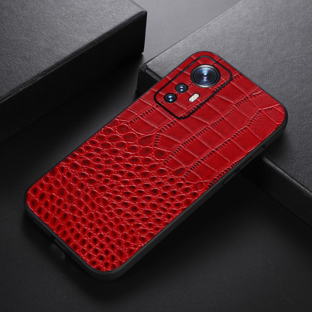 For Xiaomi 12 Pro Genuine Cowhide Leather Coating Case Stylish Crocodile Texture PC + TPU Phone Cover - Red-2