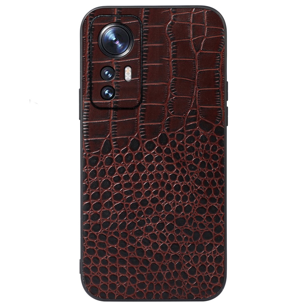 For Xiaomi 12 Pro Genuine Cowhide Leather Coating Case Stylish Crocodile Texture PC + TPU Phone Cover - Coffee-1