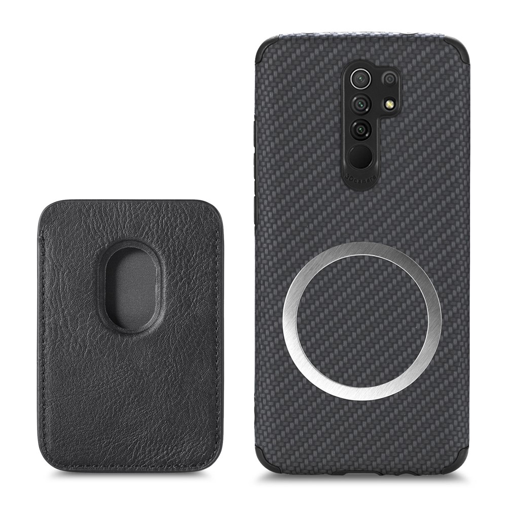 Shockproof Phone Case for Xiaomi Redmi 9 Scratch Resistant Phone Protector Carbon Fiber Texture Cover Shell with Detachable Magnetic Card Holder - Black-1