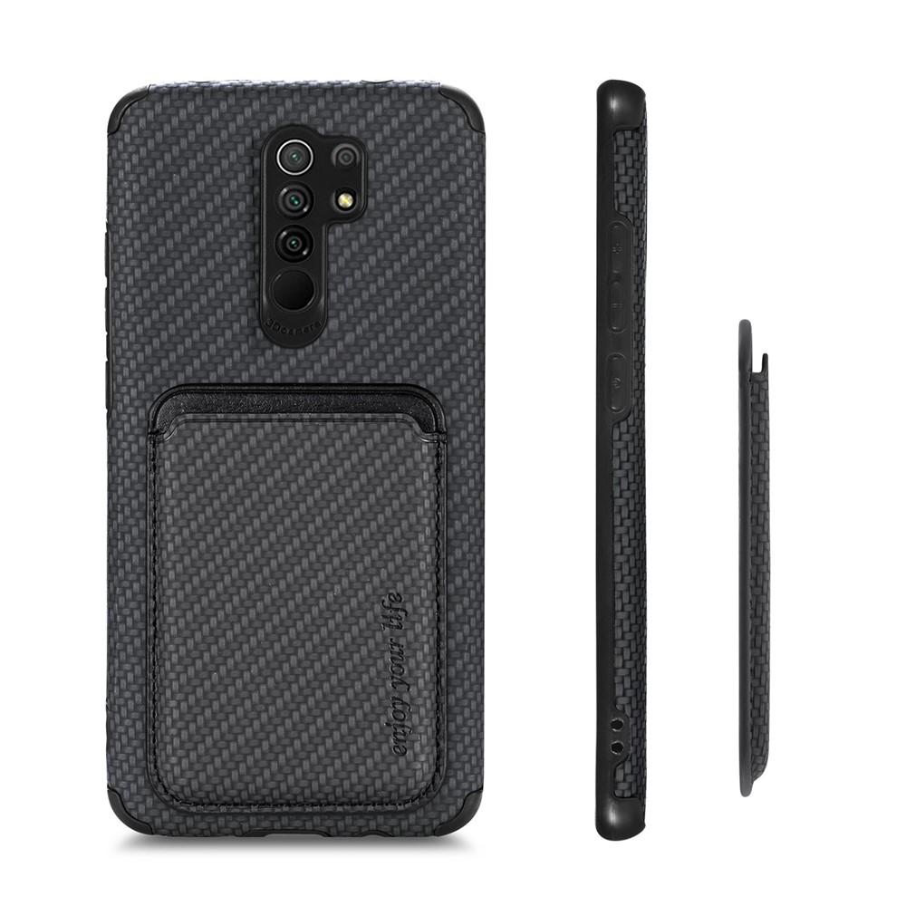 Shockproof Phone Case for Xiaomi Redmi 9 Scratch Resistant Phone Protector Carbon Fiber Texture Cover Shell with Detachable Magnetic Card Holder - Black-11