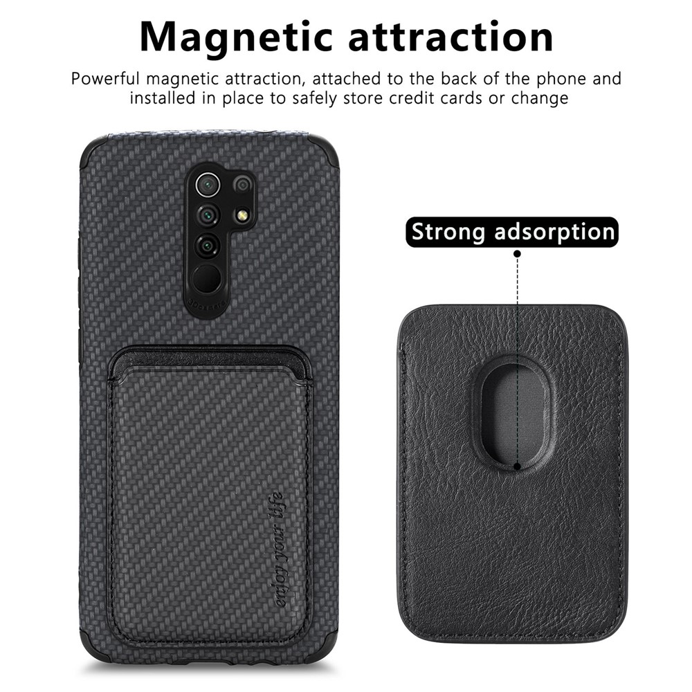 Shockproof Phone Case for Xiaomi Redmi 9 Scratch Resistant Phone Protector Carbon Fiber Texture Cover Shell with Detachable Magnetic Card Holder - Black-3