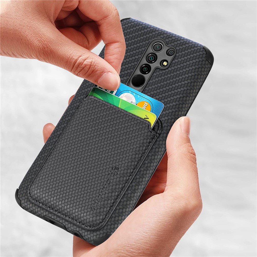 Shockproof Phone Case for Xiaomi Redmi 9 Scratch Resistant Phone Protector Carbon Fiber Texture Cover Shell with Detachable Magnetic Card Holder - Black-4