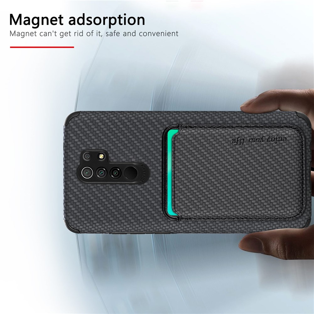 Shockproof Phone Case for Xiaomi Redmi 9 Scratch Resistant Phone Protector Carbon Fiber Texture Cover Shell with Detachable Magnetic Card Holder - Black-5