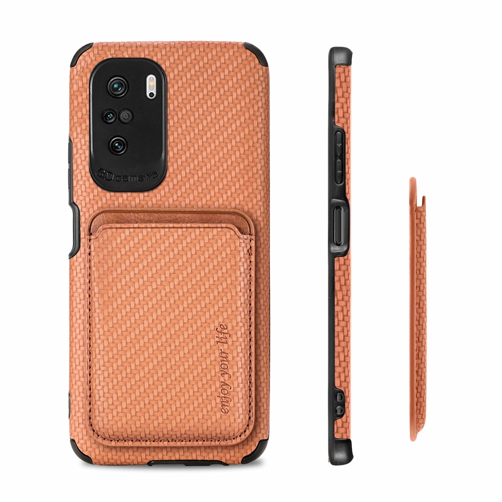 For Xiaomi Redmi K40 Pro/K40/Poco F/Mi 11i Protective Case Scratch Resistant Phone Protector Carbon Fiber Texture Cover Shell with Detachable Magnetic Card Holder - Brown-11