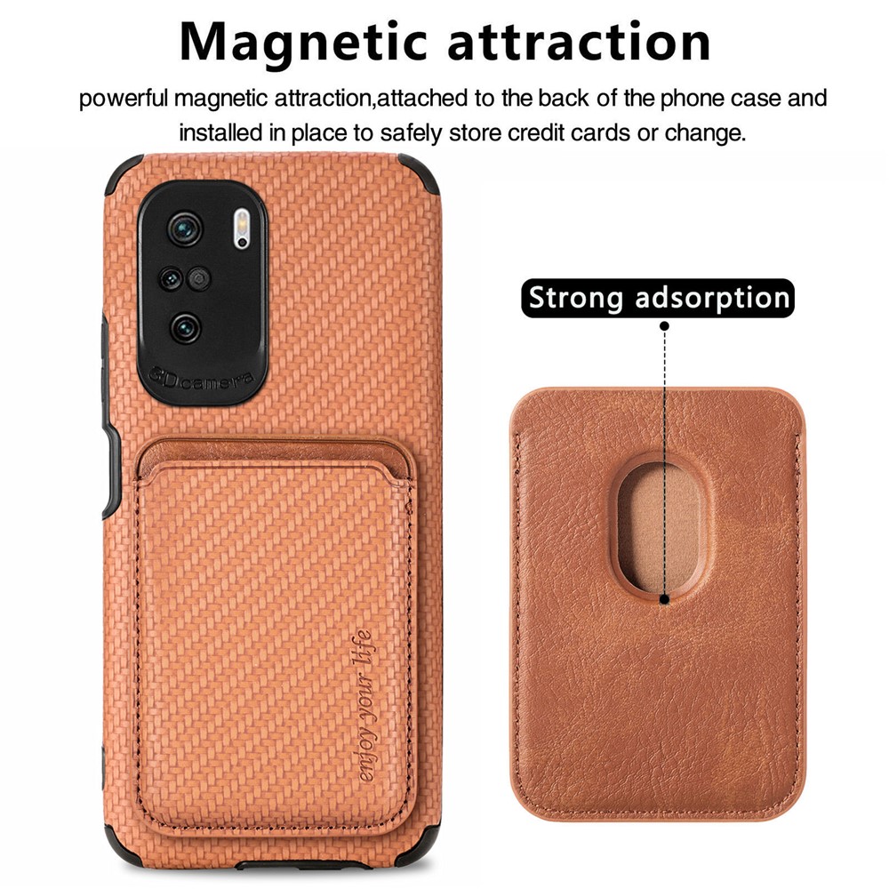 For Xiaomi Redmi K40 Pro/K40/Poco F/Mi 11i Protective Case Scratch Resistant Phone Protector Carbon Fiber Texture Cover Shell with Detachable Magnetic Card Holder - Brown-3