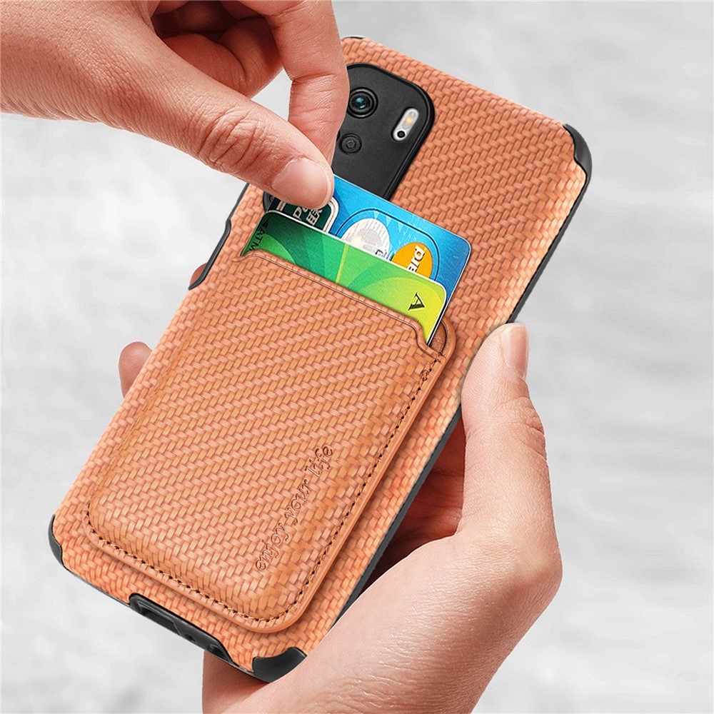For Xiaomi Redmi K40 Pro/K40/Poco F/Mi 11i Protective Case Scratch Resistant Phone Protector Carbon Fiber Texture Cover Shell with Detachable Magnetic Card Holder - Brown-4