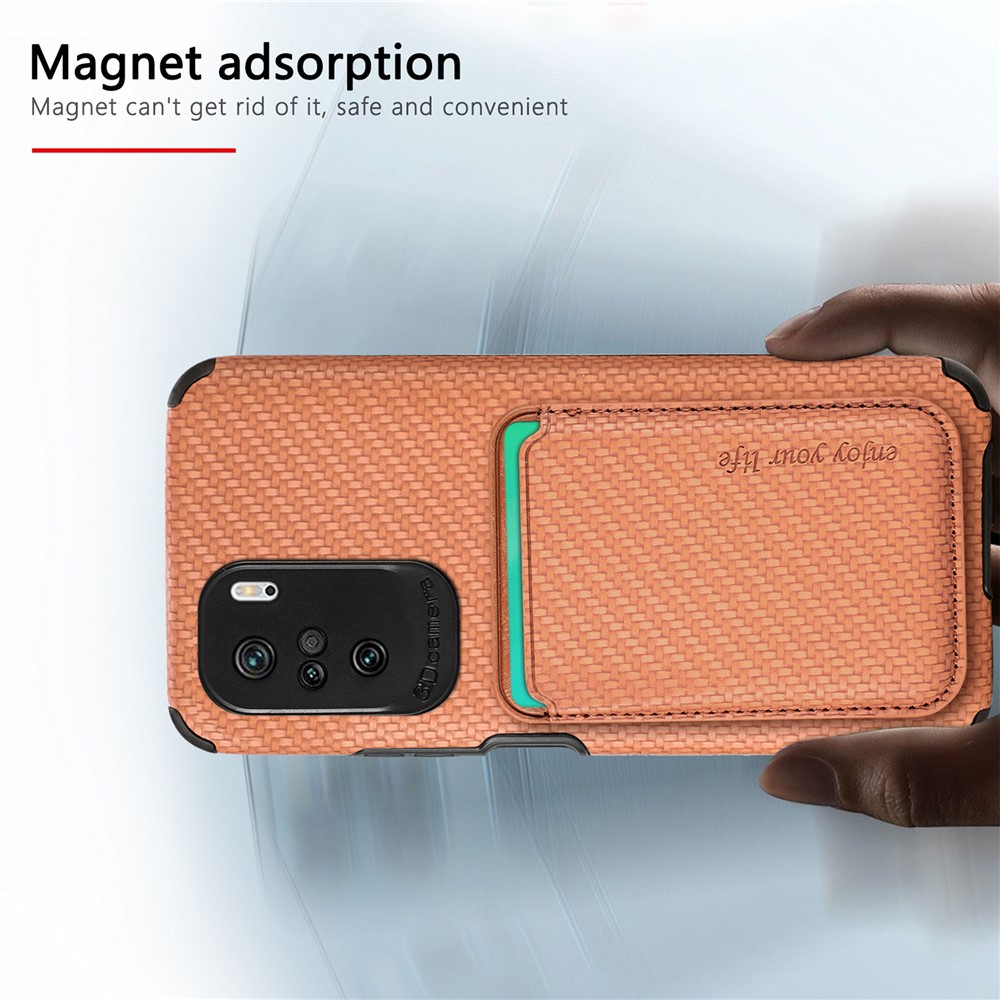 For Xiaomi Redmi K40 Pro/K40/Poco F/Mi 11i Protective Case Scratch Resistant Phone Protector Carbon Fiber Texture Cover Shell with Detachable Magnetic Card Holder - Brown-5