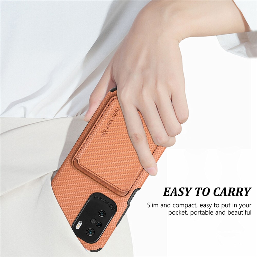 For Xiaomi Redmi K40 Pro/K40/Poco F/Mi 11i Protective Case Scratch Resistant Phone Protector Carbon Fiber Texture Cover Shell with Detachable Magnetic Card Holder - Brown-7