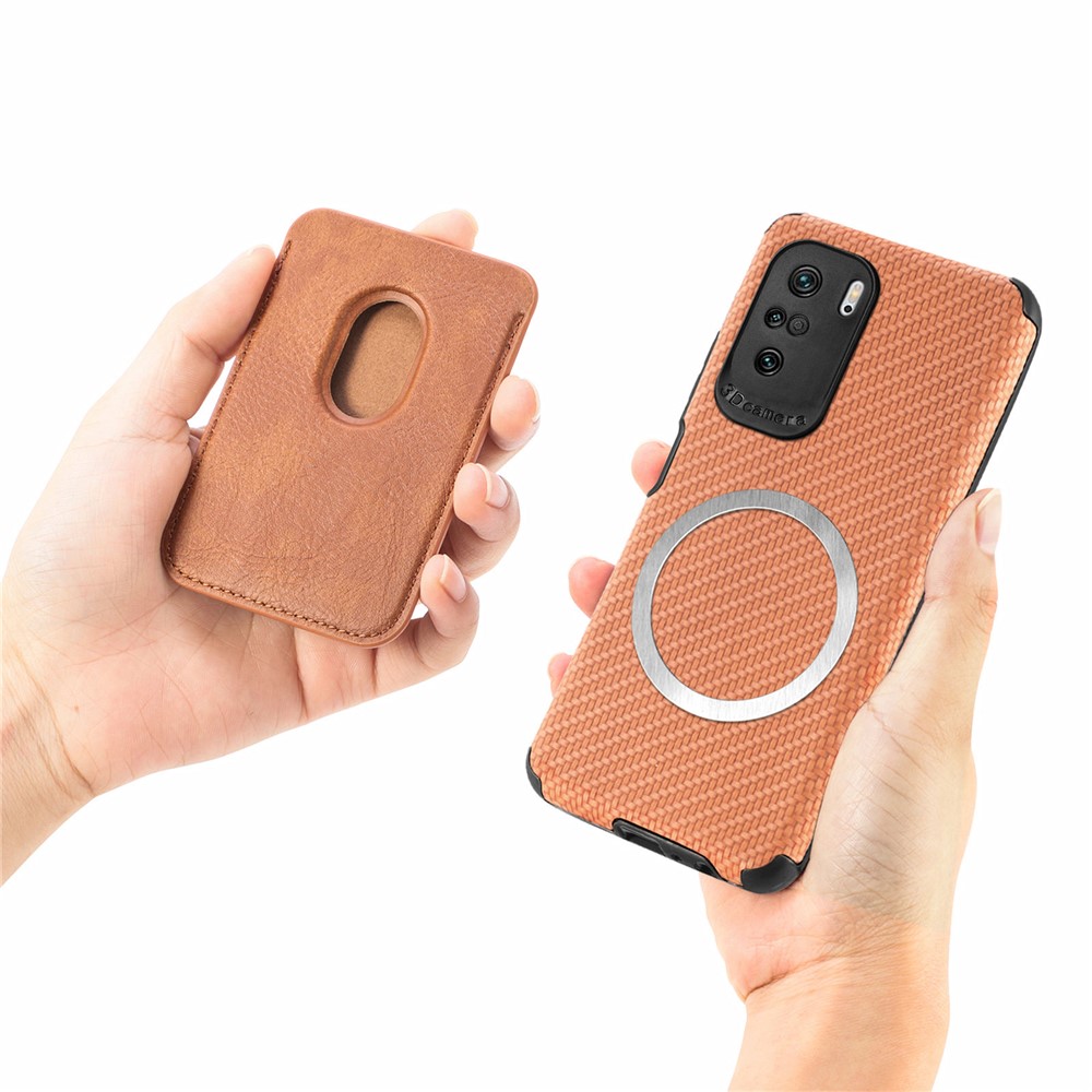 For Xiaomi Redmi K40 Pro/K40/Poco F/Mi 11i Protective Case Scratch Resistant Phone Protector Carbon Fiber Texture Cover Shell with Detachable Magnetic Card Holder - Brown-9