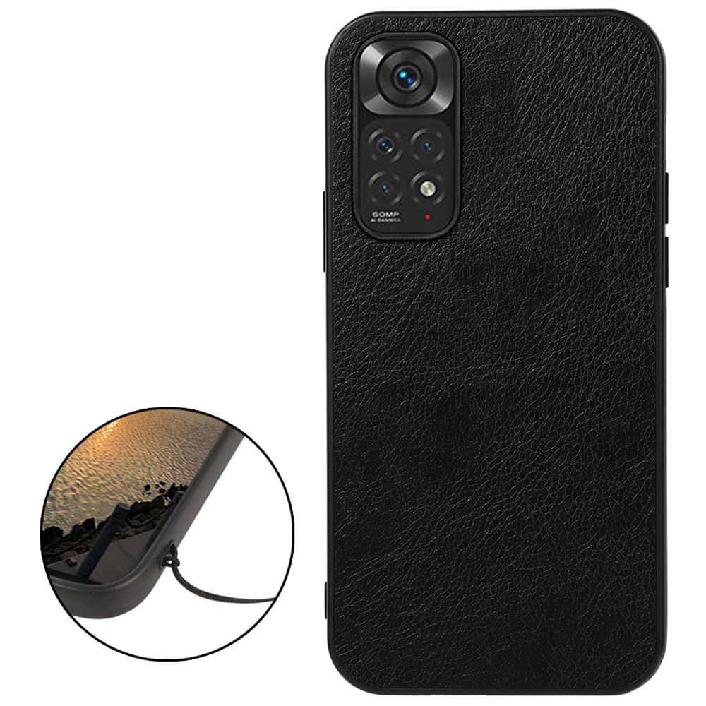 Precise Cut-Out Litchi Texture PU Leather Case for Xiaomi Redmi Note 11 4G (Qualcomm)/Note 11S 4G, Full Coverage Hybrid Bottom Phone Case Accessory - Black-2