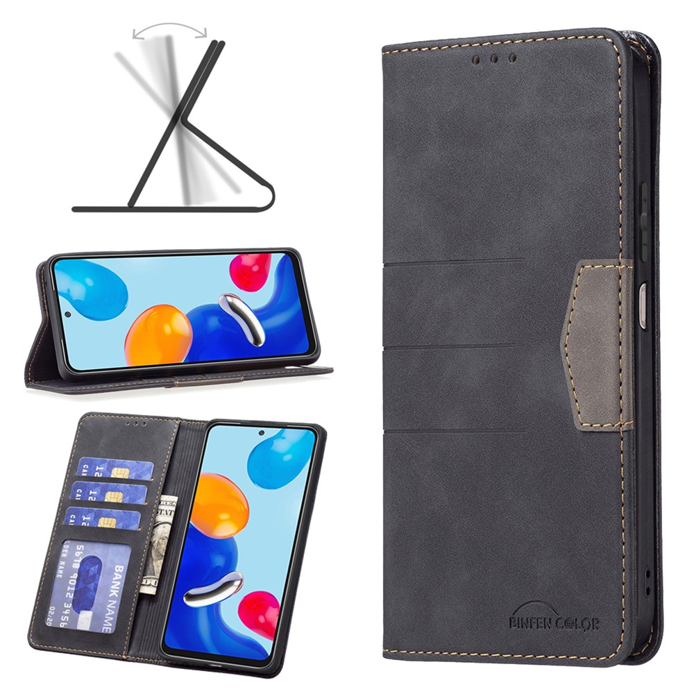BINFEN COLOR BF10 for Xiaomi Redmi Note 11 4G (Qualcomm) Bi-color Spicing Phone Case Wallet Stand PU Leather Cover - Black-6