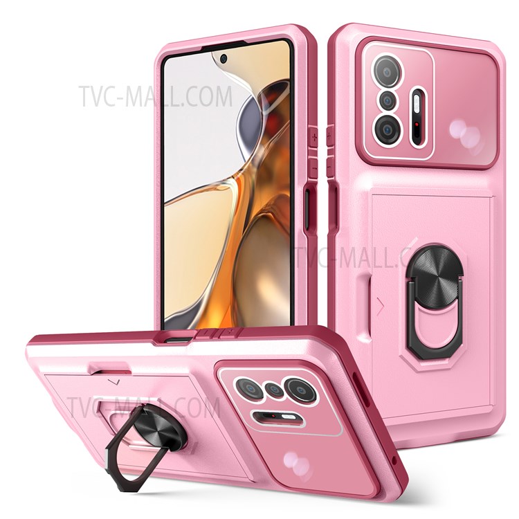 For Xiaomi 11T/11T Pro TPU + PC Hybrid Case Micron Lens Film Design Phone Shell Kickstand Cover with Sliding Card Holder - Pink/Wine Red-1