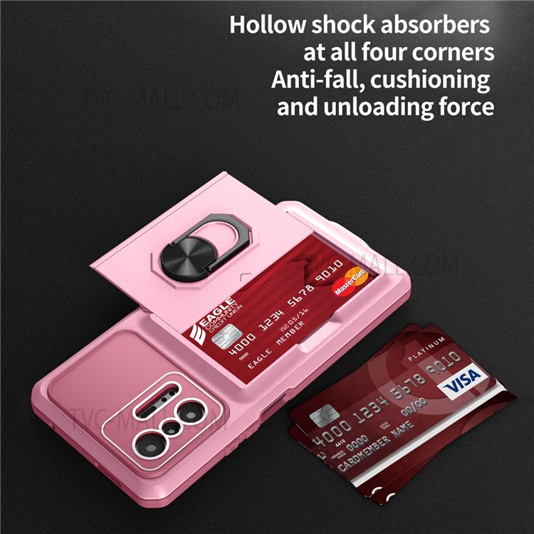For Xiaomi 11T/11T Pro TPU + PC Hybrid Case Micron Lens Film Design Phone Shell Kickstand Cover with Sliding Card Holder - Pink/Wine Red-3