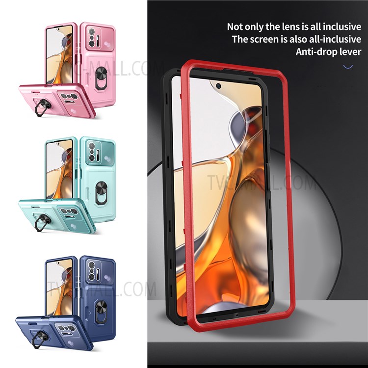 For Xiaomi 11T/11T Pro TPU + PC Hybrid Case Micron Lens Film Design Phone Shell Kickstand Cover with Sliding Card Holder - Pink/Wine Red-4
