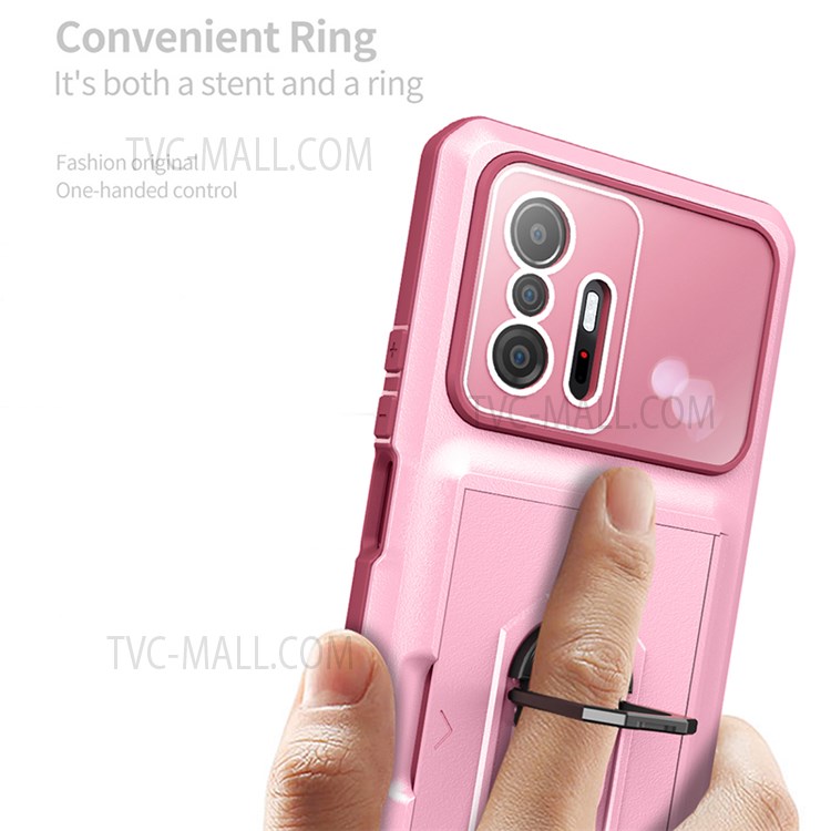 For Xiaomi 11T/11T Pro TPU + PC Hybrid Case Micron Lens Film Design Phone Shell Kickstand Cover with Sliding Card Holder - Pink/Wine Red-8