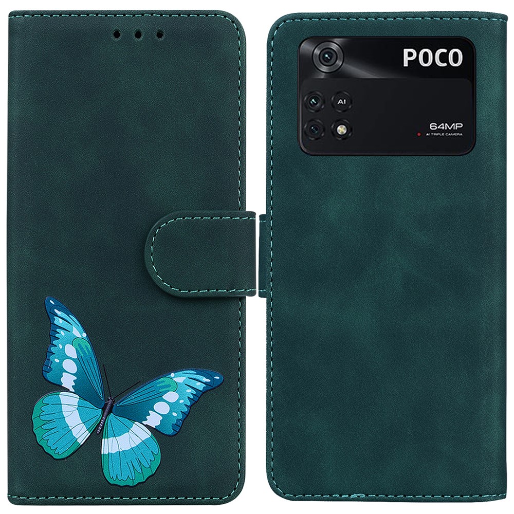 Wallet Phone Case for Xiaomi Poco M4 Pro, Magnetic Closure Drop-proof Butterfly Pattern Printed Soft TPU + PU Leather Protective Cover with Stand - Green-1